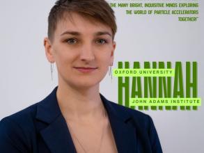 Dr. Hannah Wakeling with text: "I'm looking forward to talking about the brilliant work we are doing as a community to reduce environmental impact. I can't wait to meet the many bright, inquisitive minds exploring the world of accelerators together".